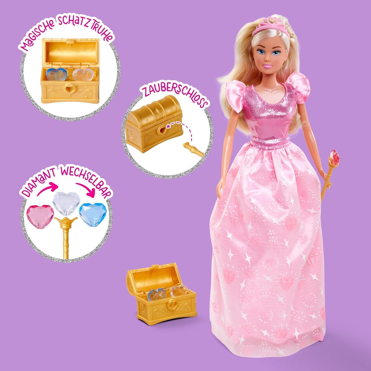 Simba Steffi Love Prințesa Diamant, păpușă de joacă ca prințesă cu cufăr magic cu comori, sceptru și diamante, 29 cm, de la 3 ani