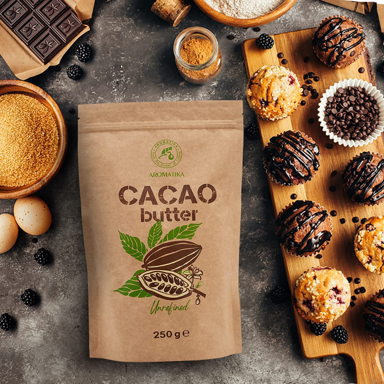 Kakaobutter - 250g - Theobroma Cacao - Roh Cacaobutter - Kakao Butter in Stücken - Kaltgepresst - Unraffiniert - Rein und Natürlich - für Speisen und Hautpflege - Cacao Butter