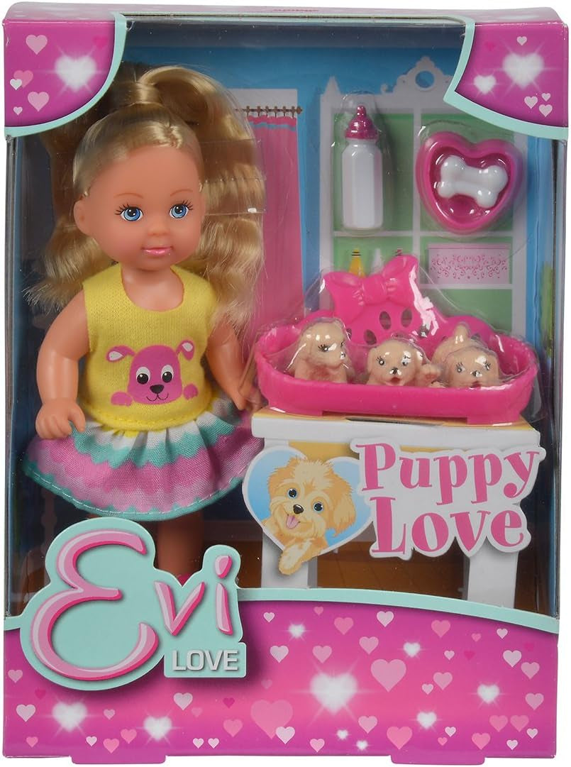 Simba 105733041 - Evi Love Puppy Love, mit DREI Babyhunden, mit Hundekorb und Zubehör, Ankleidepuppe, 12cm, für Kinder ab 3 Jahren
