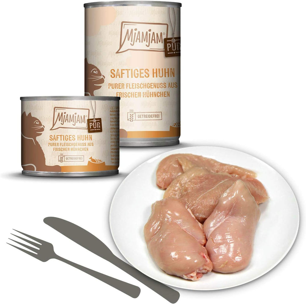 MjAMjAM - Hrană umedă premium pentru pisici - plăcere pură cu carne - pui suculent, pachet de 6 (6 x 800 g), fără cereale cu extra carne