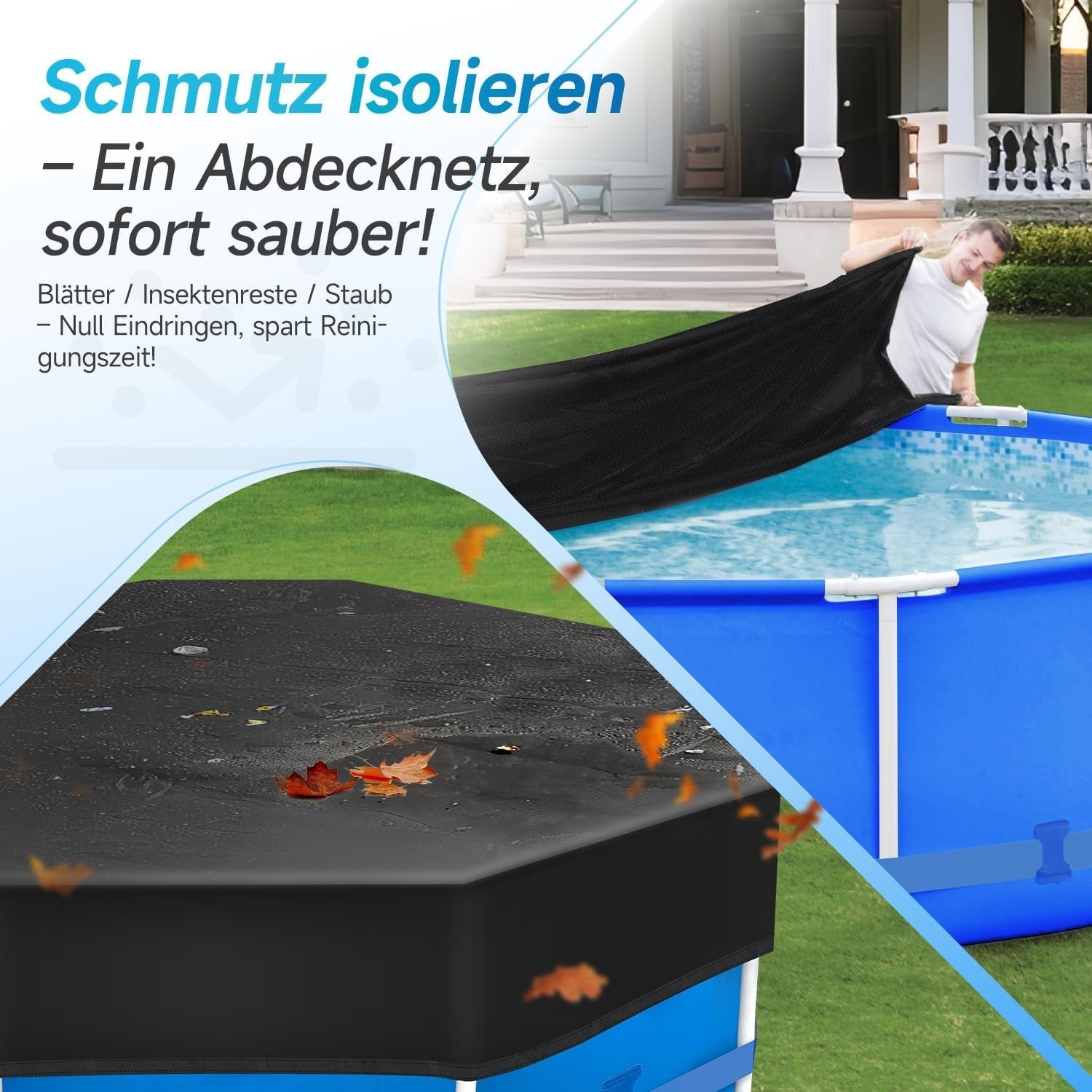 Prelată rotundă pentru piscină Sekey 305 cm – Potrivită pentru piscine rotunde cu cadru din oțel | Catarame reglabile și închidere cu velcro | Rezistentă la vânt și praf | Prelată de înaltă densitate rezistentă la rupere | Neagră