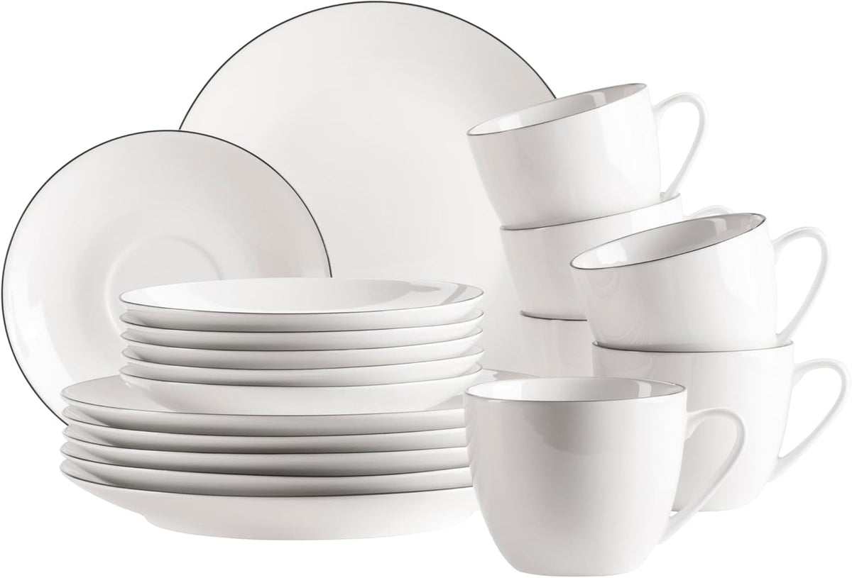 Seria MÄSER Felise, serviciu elegant de cafea pentru 6 persoane, atemporal, cu margine neagră, porțelan, alb