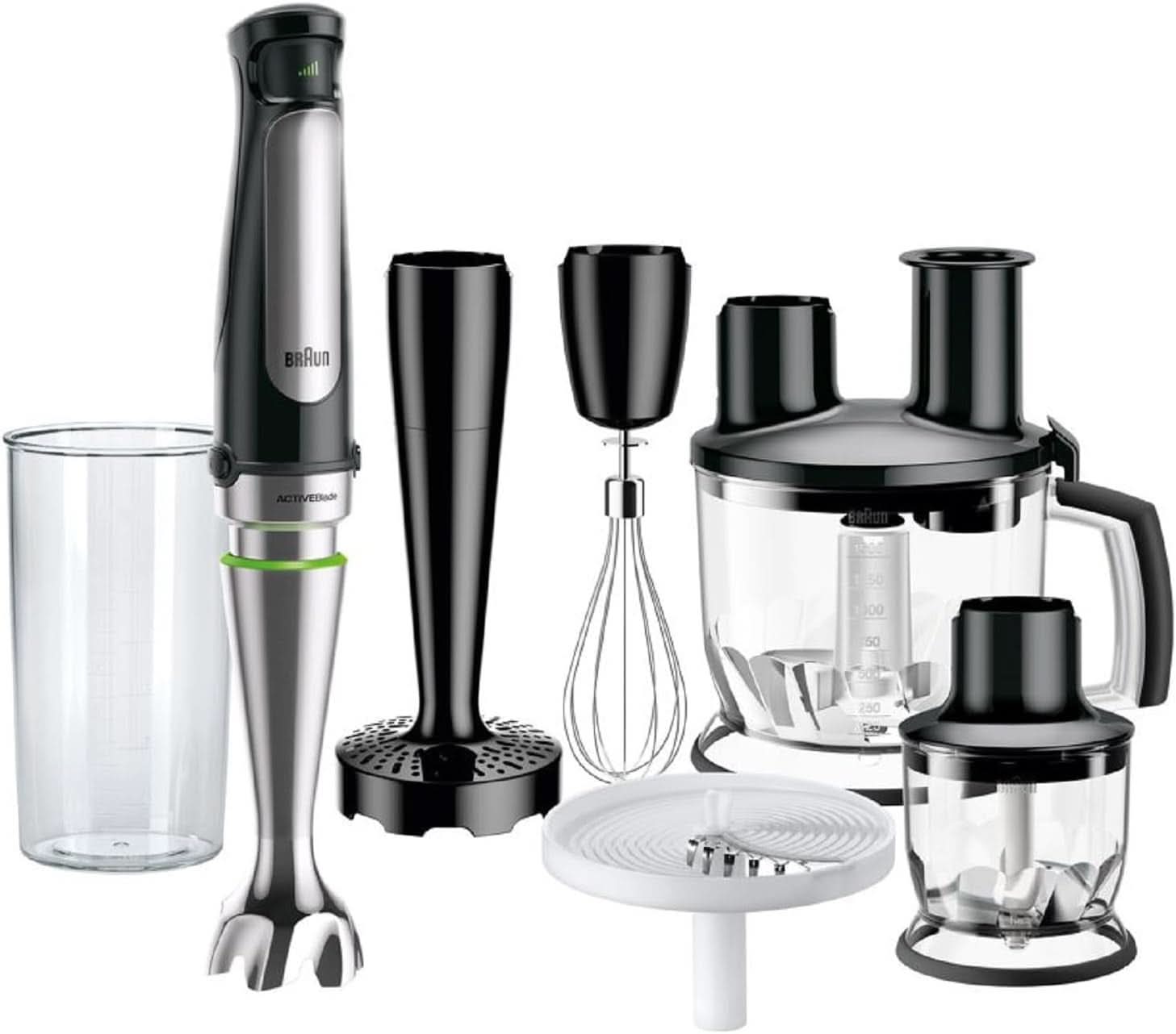 Braun Multiquick 7 MQ 7035X Stabmixer - Pürierstab Mit Abnehmbarem Edelstahl Mixfuß Mit Activeblade Technologie Zum Pürieren Der Härtesten Zutaten, Inkl. 3-Teiliges Zubehör Set, 1000 Watt, Schwarz Bucatarie Naty Shop Schwarz Kartoffel- Und Gemüsestampfer