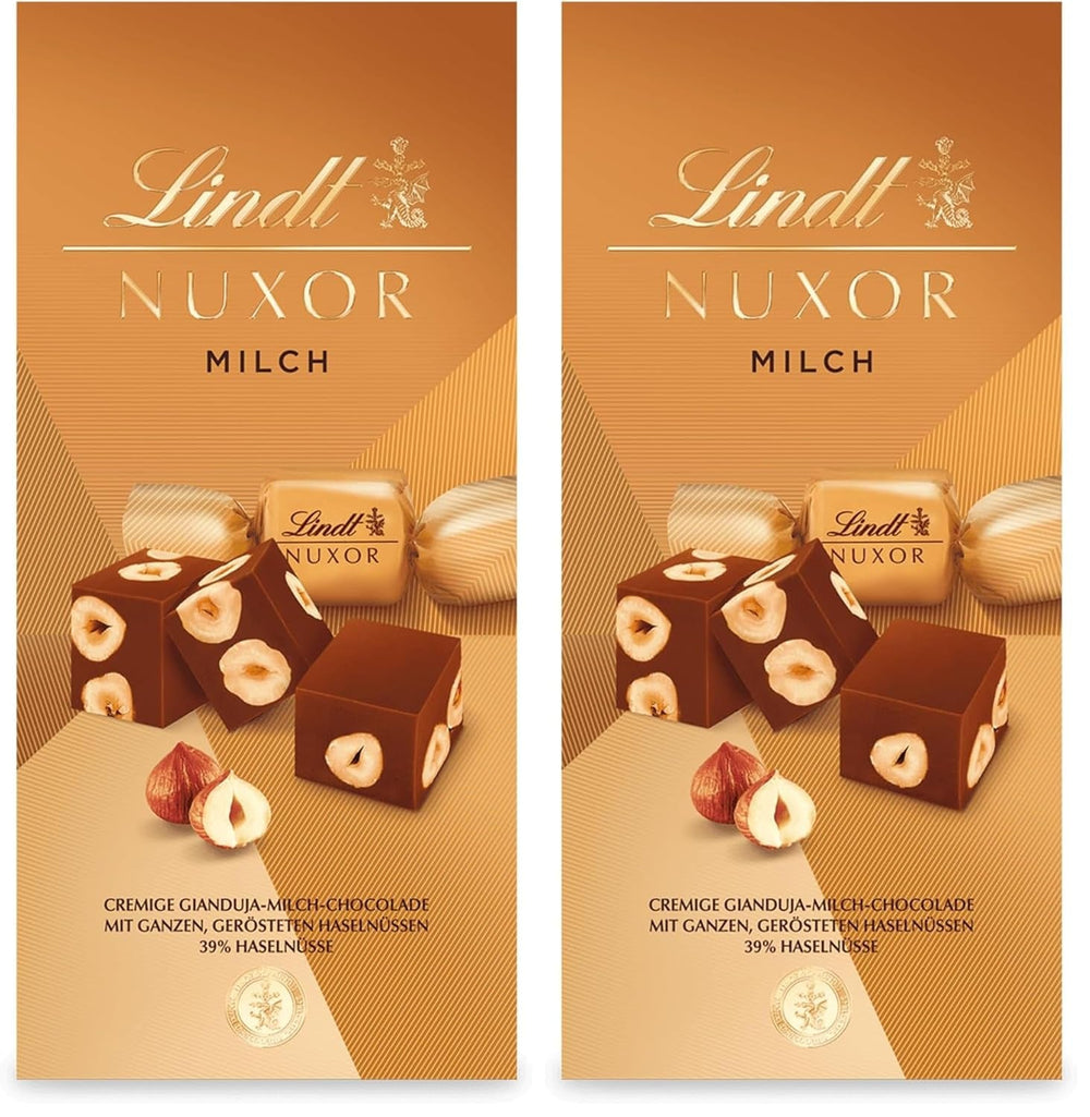 Ciocolată Lindt | Pliculeț de ciocolată cu lapte NUXOR | 103g | Cuburi cremoase de ciocolată cu lapte Gianduja cu alune de pădure prăjite | Cadou de ciocolată