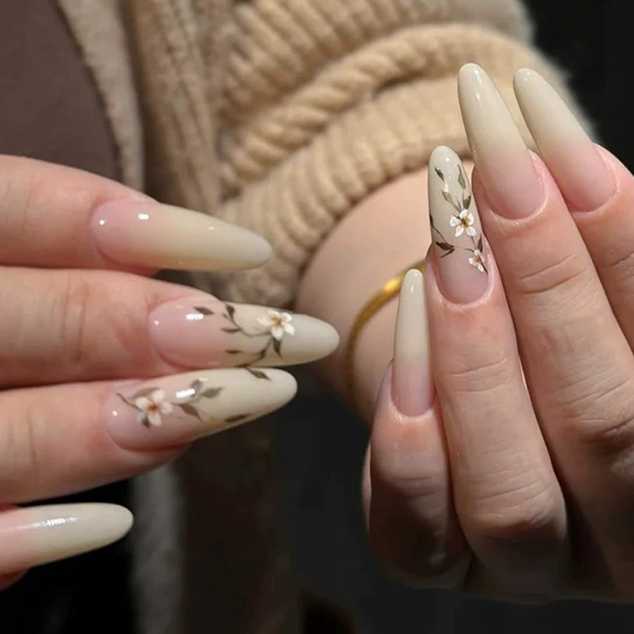 24 buc unghii lungi cu presă pe unghii sicriu unghii artificiale fluture floare unghii adezive alb maro set unghii acrilice sfaturi unghii femei primăvară vară accesorii unghii