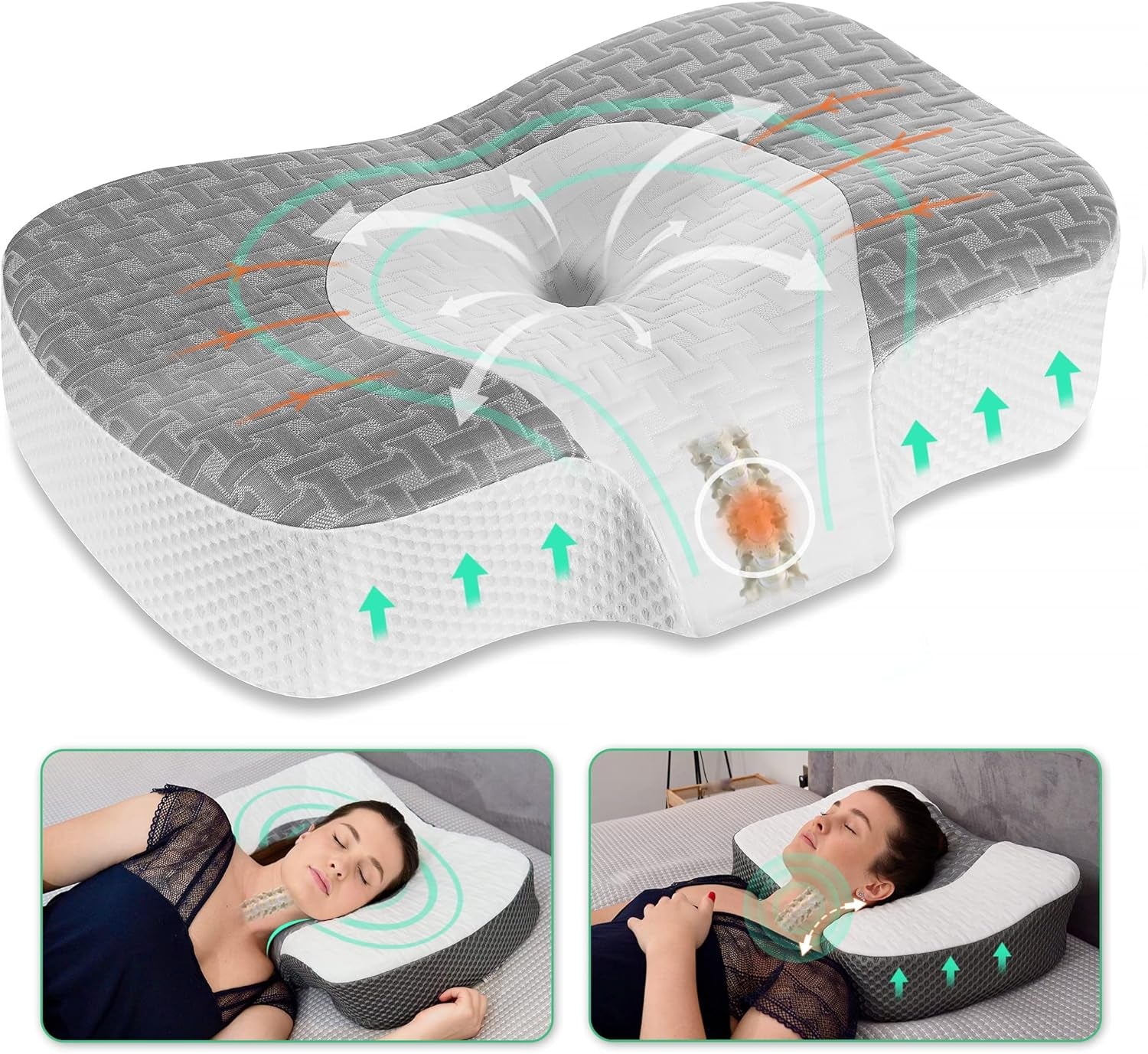 Pernă ortopedică Elviros din spumă cu memorie, pernă pentru dureri de gât, pernă de dormit, pernă ergonomică pentru gât, pernă de susținere a gâtului, pernă anti sforăit pentru cei care dorm pe o parte, cei care dorm pe stomac, alb Perne ortopedice cervicale Naty Shop Gri 60 X 38.6 X 9.9/13.5 Cm