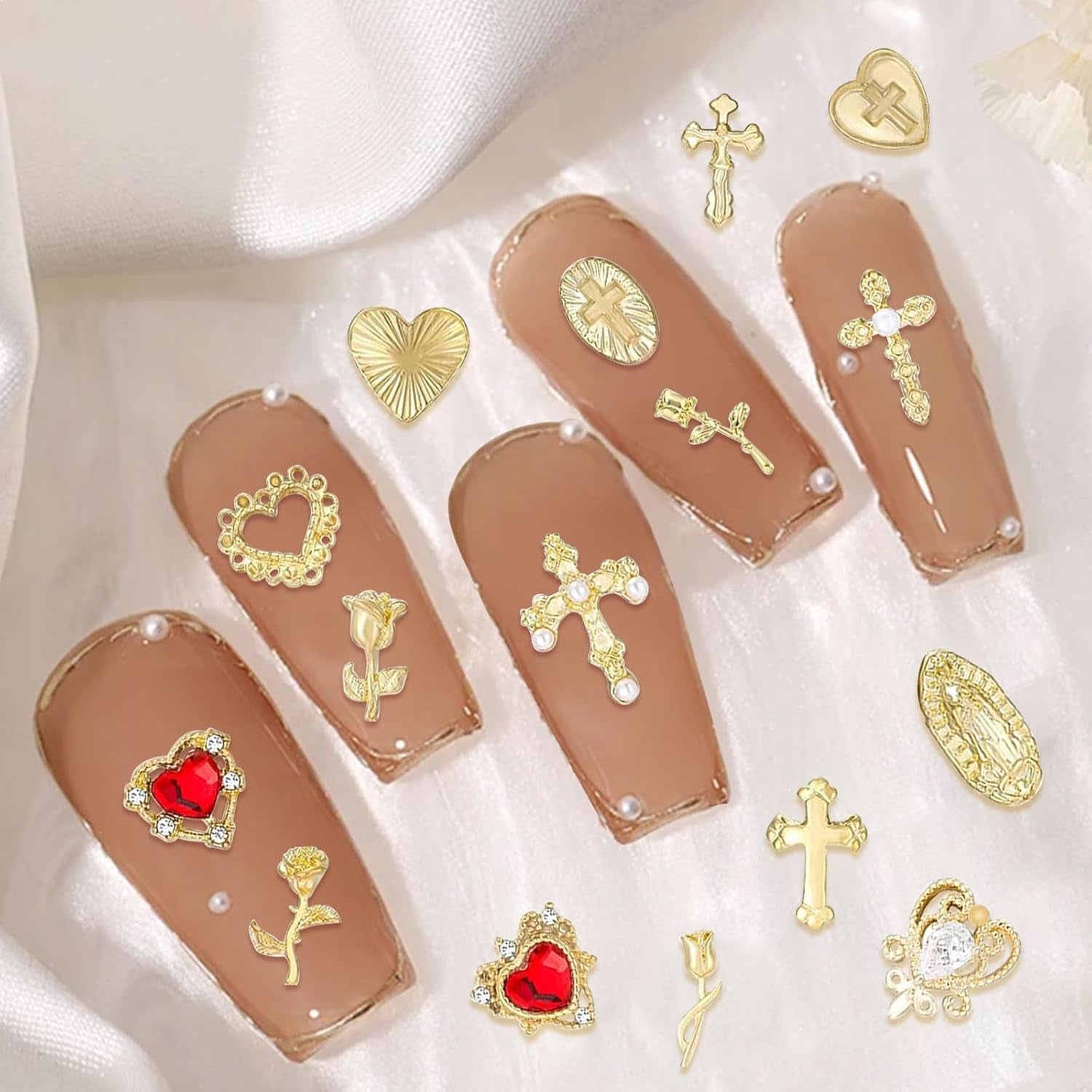 Talisane aurii pentru unghii, 80 de piese cu cruce, trandafir, inimă, pietre prețioase pentru unghii Fecioara Maria, accesorii pentru unghii din aliaj metalic pentru decorațiuni de design pentru manichiură, meșteșuguri DIY
