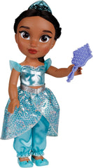 Disney Princess Jasmin Puppe 35cm, reflektierende Glitzeraugen, bewegliche Gelenke, ausziehbares Outfit, Schuhe, Krone, langes geflochtenes Haar, für Mädchen ab 3 Jahren