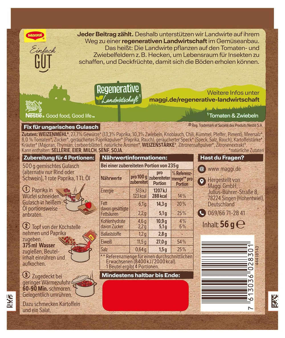 MAGGI Fix für Ungarisches Gulasch, Würzmischung, mit natürlichen Zutaten*, für 4 Portionen, 1er Pack (1 x 56g Packung)