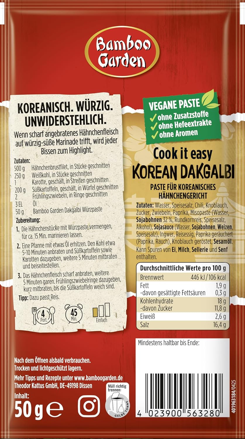 Bamboo Garden - Korean Dakgalbi Würzpaste | Zum Marinieren von Hühnchen, Gemüse und Tofu | Für 4 Portionen | Vegan, natürliche Zutaten | 50 g im Beutel