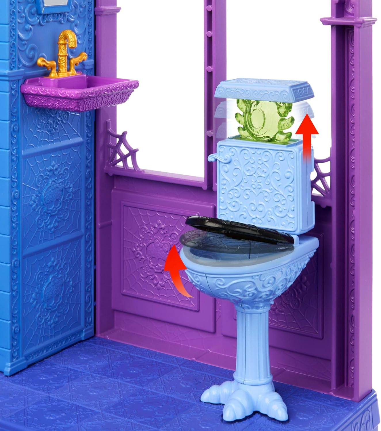 Casă de păpuși Monster High Buh-tique Hotel, set de joacă pliabil cu surprize înfricoșătoare în fiecare cameră și peste 13 piese de joacă, inclusiv mobilier și accesorii, JBF16