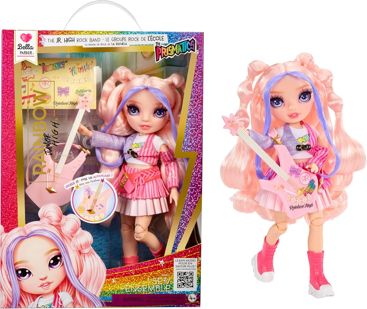 Rainbow High Junior High Rock Band - Bella, Pink - 23 cm Modepuppe mit Bassgitarre, Individuell mit Aufklebern Gestaltbar, Beweglich, Süßes Spielzeug für Kinder ab 4 Jahren