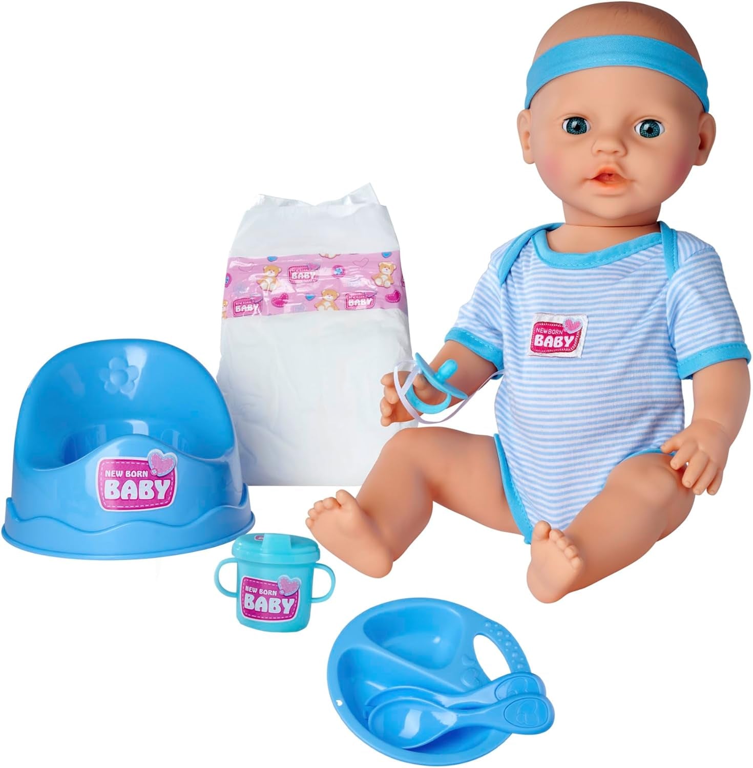 Simba 105030044 - New Born Baby Puppen-Junge, Vollvinylpuppe mit Schlafaugen, Trink- und Nässfunktion und Zubehör, 8 Teile, 43cm, Babypuppe, ab 3 Jahre