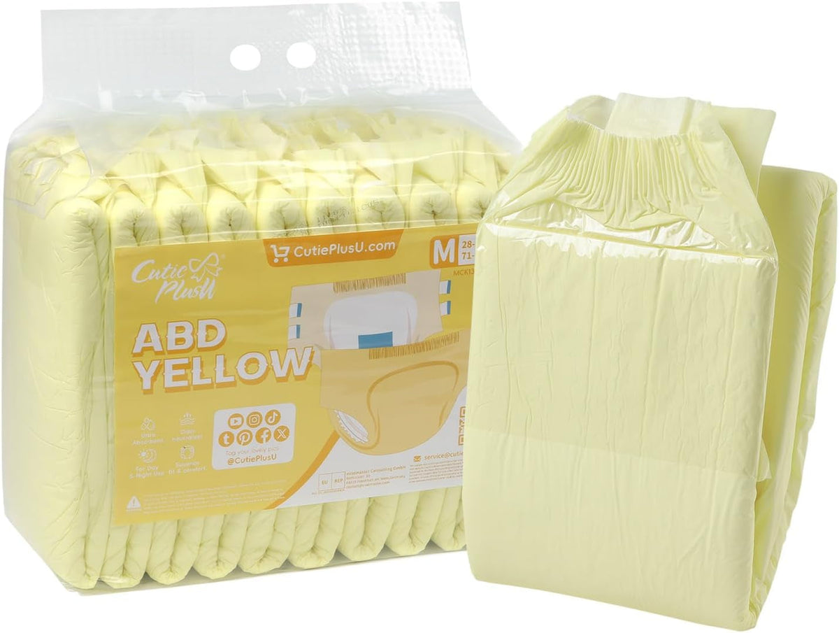 Scutece pentru adulți CutiePlusU, pachet de 10 chiloți de incontinență de unică folosință cu bucle pentru femei și bărbați, absorbție maximă peste noapte - Galben (Mărime medie 71-96 cm)