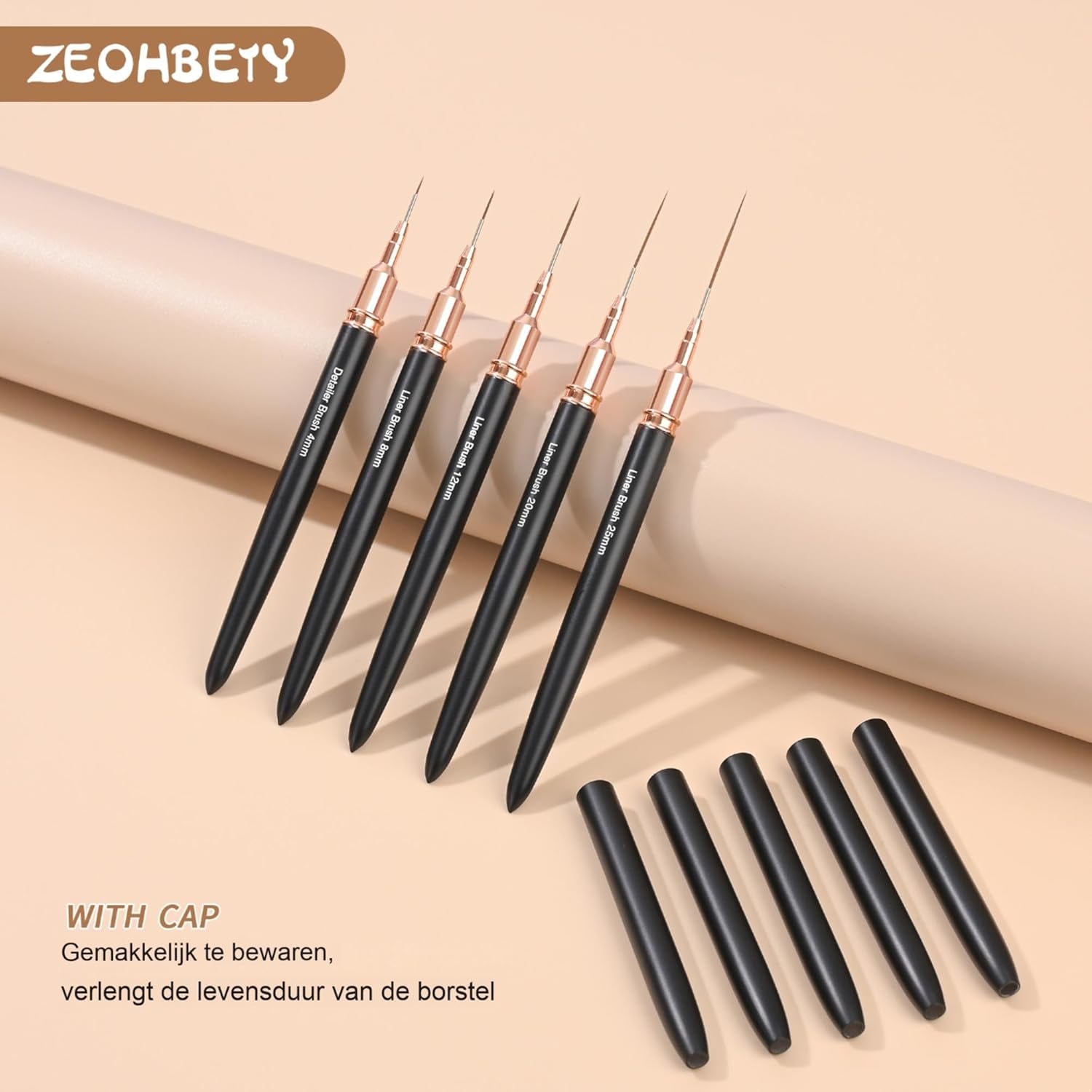 Pensule pentru unghii, 5 bucăți de pensule pentru conturul unghiilor, set de pensule pentru pictură și design, instrument de desen pentru puncte de unghii pentru linii lungi, detalii subțiri, desen fin în dimensiuni 6/9/12/15/18 mm, negru