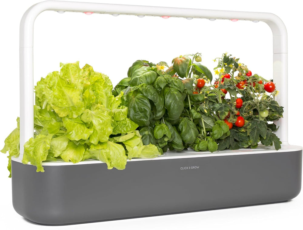 Grădină interioară Click and Grow, mai ușoară decât un sistem de creștere hidroponic, Grădină inteligentă cu LED, grădină de plante aromatice, seră interioară cu 9 capsule de plante incluse (alb)