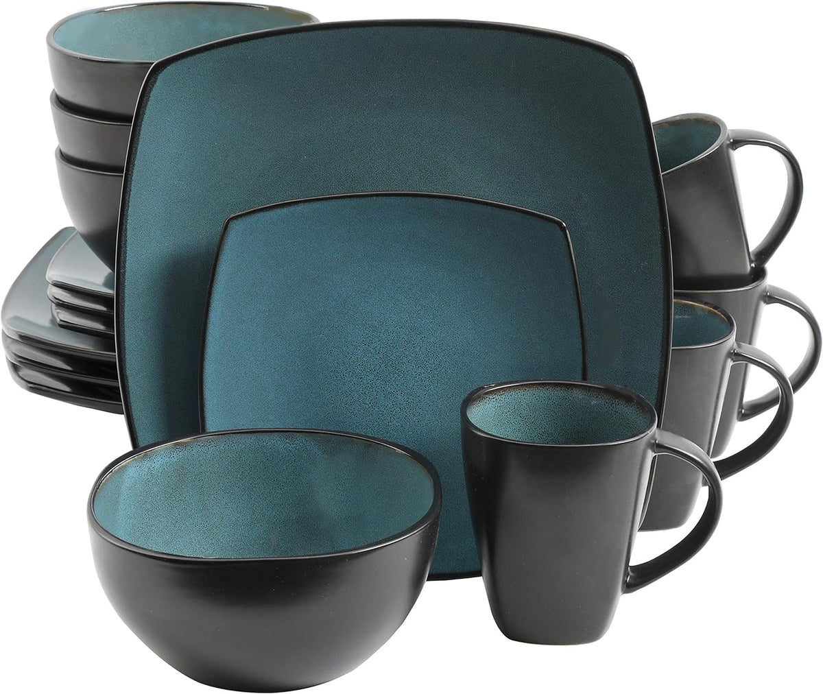 Set de veselă Gibson 99813.16R Elite Soho Lounge cu glazură reactivă pentru 4 persoane, 16 piese, efect bicolor albastru-verde/negru
