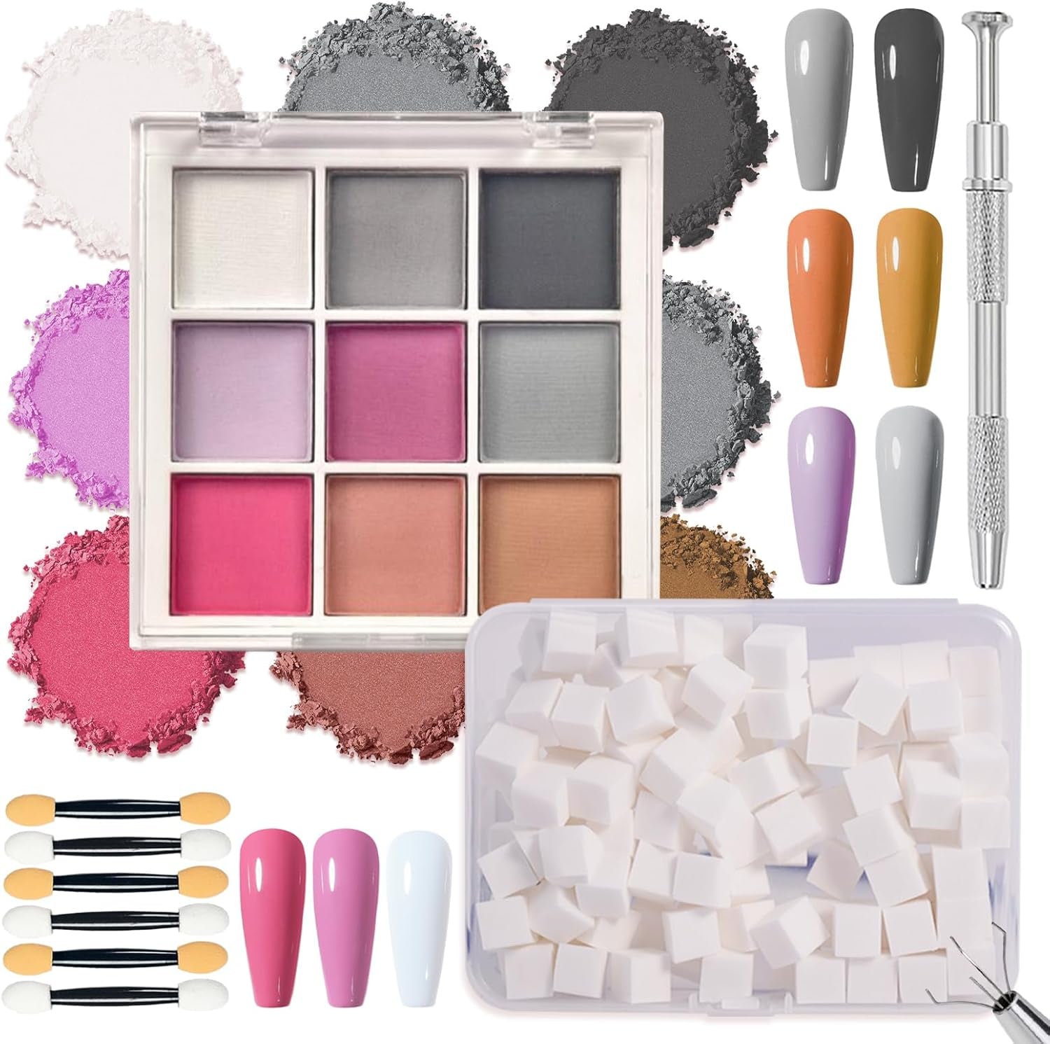 9 Farben Pigment Für Nägel, Nagelpulver Nail Powder 100 Stück Nail Art Schwamm Mit Metallgreifer, Ombre Glitzerpulver Nagelpuder Nailart Nagel Deko Für DIY Nageldesign, B