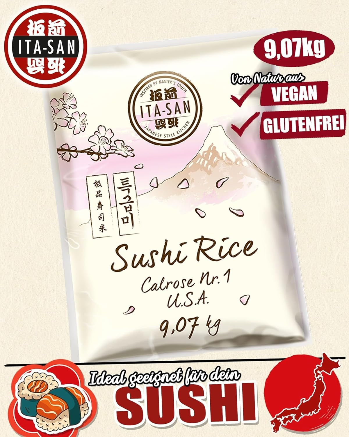 ITA-SAN Calrose / Orez pentru sushi, 1 pachet (1 x 9,07 kg)