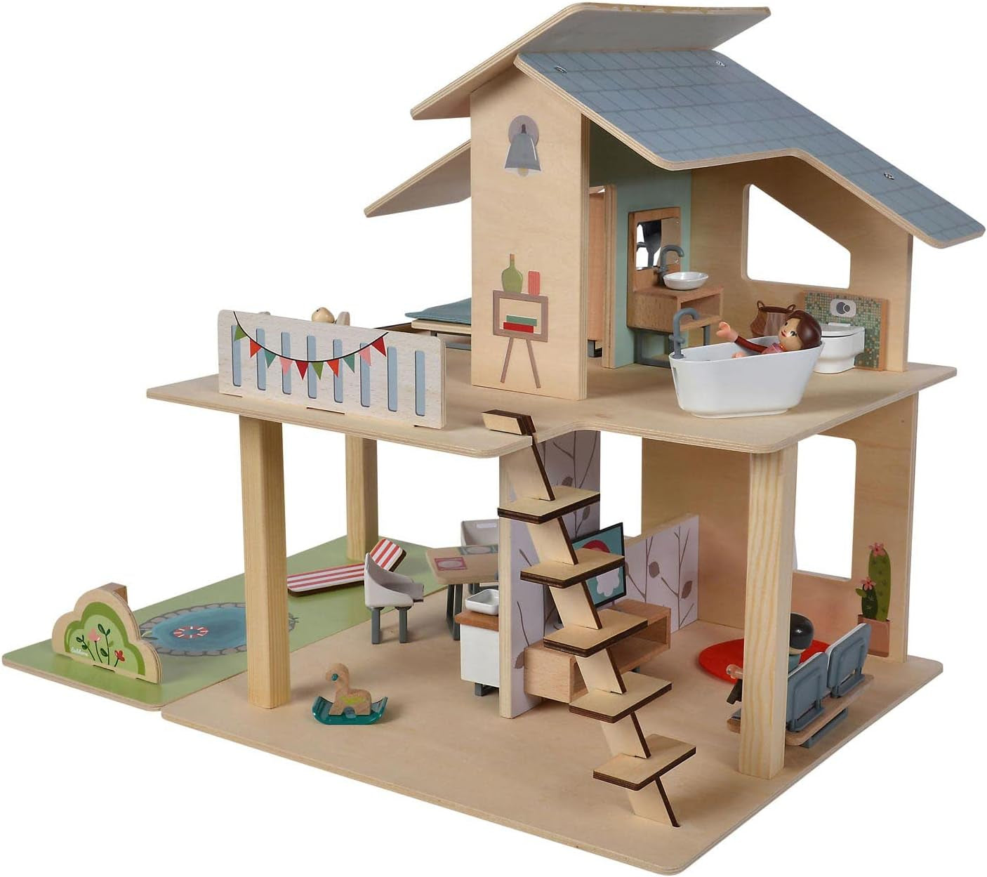 Eichhorn - Casă de păpuși cu accesorii - incl. mobilier și 3 figurine, neasamblată, din lemn, 25 de piese, 53x36x44 cm, de la trei ani