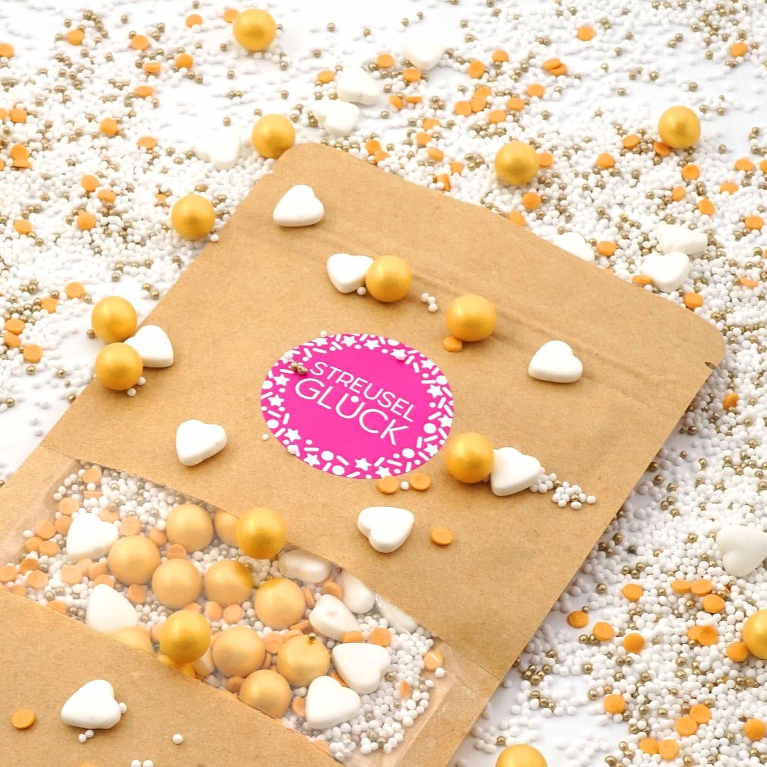 Streusel Glück, Sprinkles cu inimioare albe si bile aurii, 40 grame Sprinkles Naty Shop
