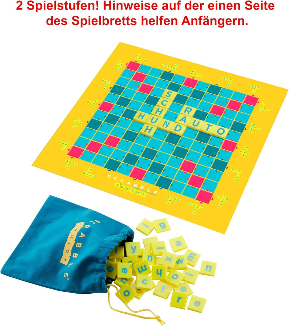 Mattel Games Scrabble Junior - Joc de cuvinte și joc pentru copii, Joc de societate potrivit pentru 2-4 copii cu vârsta de 6 ani și peste, Designul poate varia, Versiune germană, Y9670