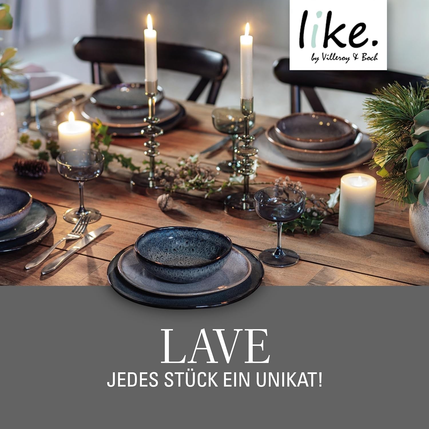 like. de Villeroy & Boch - Set de veselă din gresie Lave Gris, 4 piese, aspect ceramică, serviciu de masă pentru 2 persoane, gri