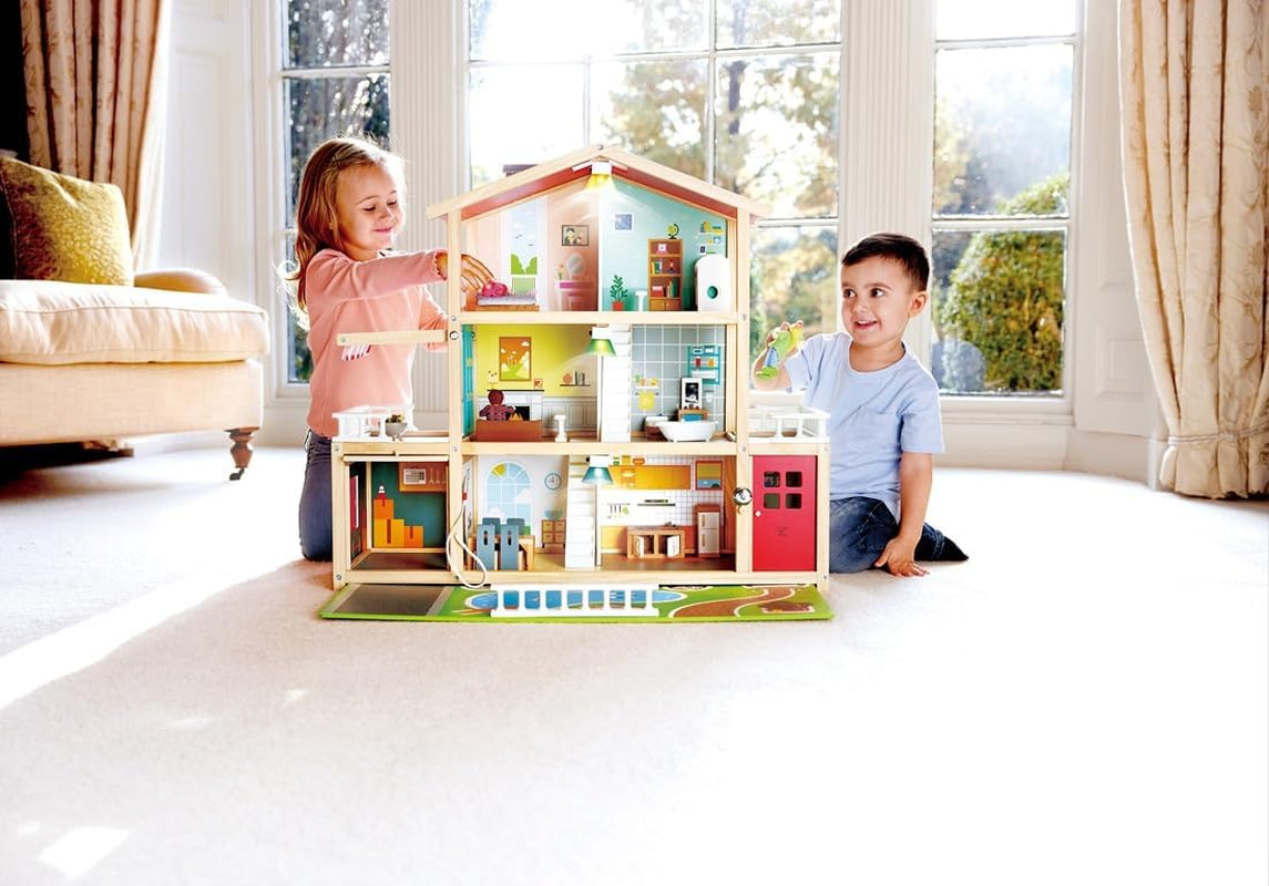 Casă de păpuși Hape Doll's Villa din lemn cu 10 camere, joc de rol creativ, inclusiv mobilier și accesorii, jucărie educativă, pentru copii de la 3 ani în sus