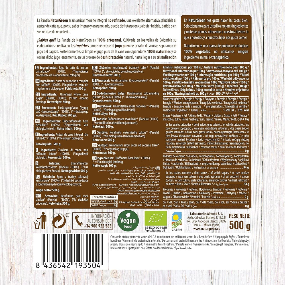 - Organic Crystallised Panel, Pure Sugar, Ecological Sweetener, Natural Sugarcane Juice - 500G, Pack of 12 Indulcitori Naty Shop