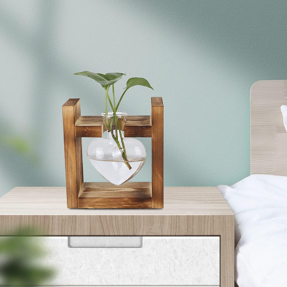 Terariu cu plante cu suport din lemn, vază de masă în formă de inimă, plante hidroponice din sticlă transparentă pentru decorarea grădinii de acasă, decorațiune hidroponică cu flori pentru birou, living, bucătărie (A)