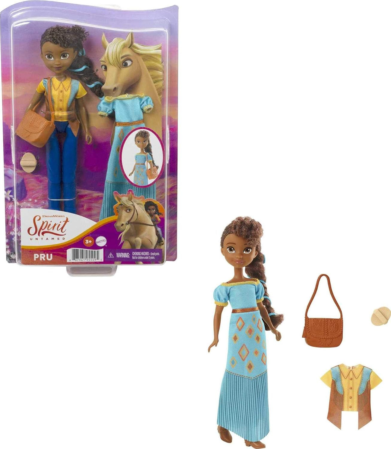 Dreamworks Spirit GXF18 - Păpușa Pru distractivă la modă „Spirit - Liber și Neîmblânzit” (18 cm), 2 ținute și accesorii la modă, 7 articulații mobile, cadou excelent pentru copiii cu vârsta de 3 ani și peste