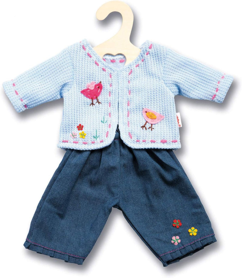 Heless 2504 - Bekleidungs-Set für Puppen, 2-teilig mit Strickjacke und Jeans, in den Farbvarianten Blau oder Pink, 1 von 2 Designs (zufällige Auswahl), Größe 35 - 45 cm