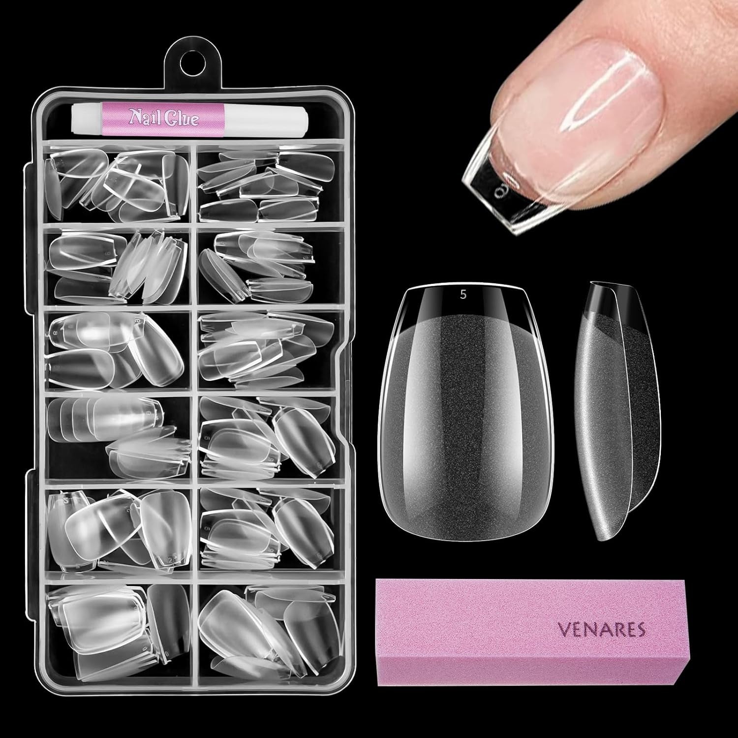 Tipuri de unghii pentru unghii cu gel, set 120 bucăți unghii artificiale scurte, culoare migdale, 11 dimensiuni unghii cu gel, tipuri de unghii cu lipici, bloc de buffer pentru unghii
