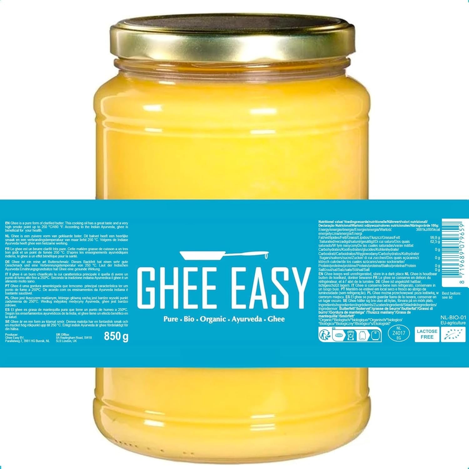Ghee Easy 850g Ghee Bio von Grasgefütterten Kühen - Ghee Butter ohne Zusatzstoffe - Zertifiziert Organisch & Biologisch - Hochreines Ayurveda Ghee ohne Laktose und Gluten - 100% Europäisch