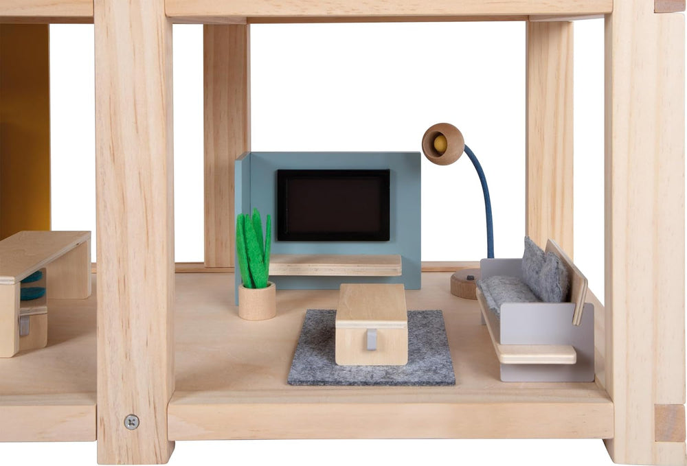 Casă de păpuși din lemn Small Foot, culori naturale - 3 etaje cu terasă pe acoperiș și set de mobilier din 51 de piese, încurajează jocul creativ, potrivită de la 3 ani, 12541 Casute de papusi Naty Shop