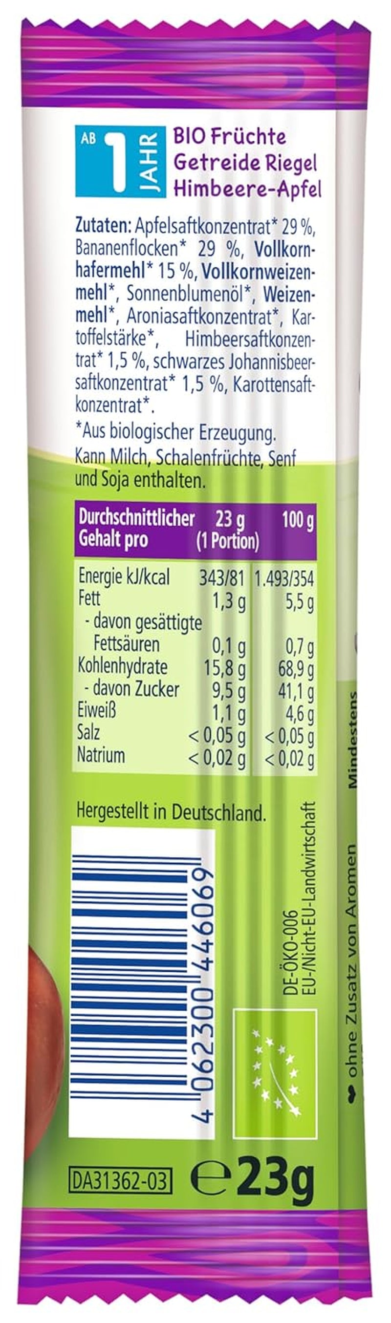 Batoane HiPP Zebra cu aromă de zmeură și banană-măr (22 x 23g), de la 1 an, îndulcite doar cu fructe, de cea mai bună calitate organică