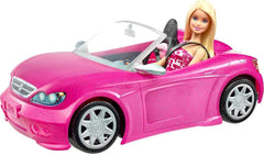 Păpușă Barbie și decapotabilă roz cu sclipici, anvelope realiste, logo, jucărie pentru vârste de la 3 ani în sus, DJR55