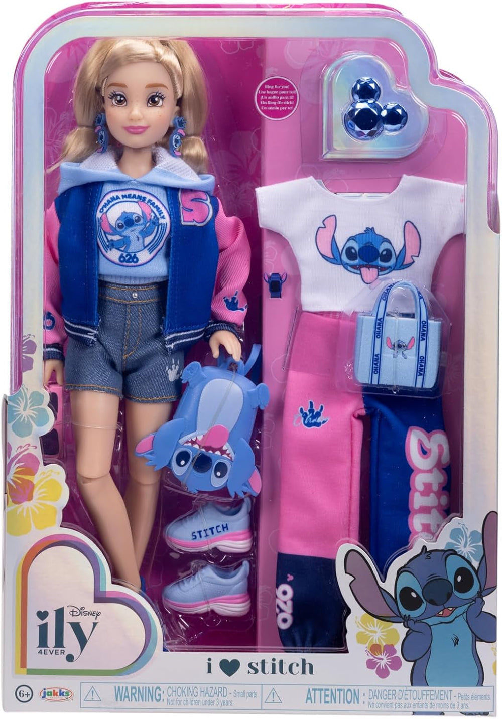 Disney ILY 4EVER Stitch Modepuppe mit Collegejacke und Zubehör, 29 cm, 13 Bewegungspunkte, offiziell lizenziert von Jakks Pacific. Komplett mit kombinierbarem Zubehör und glitzerndem Micky-Ring!