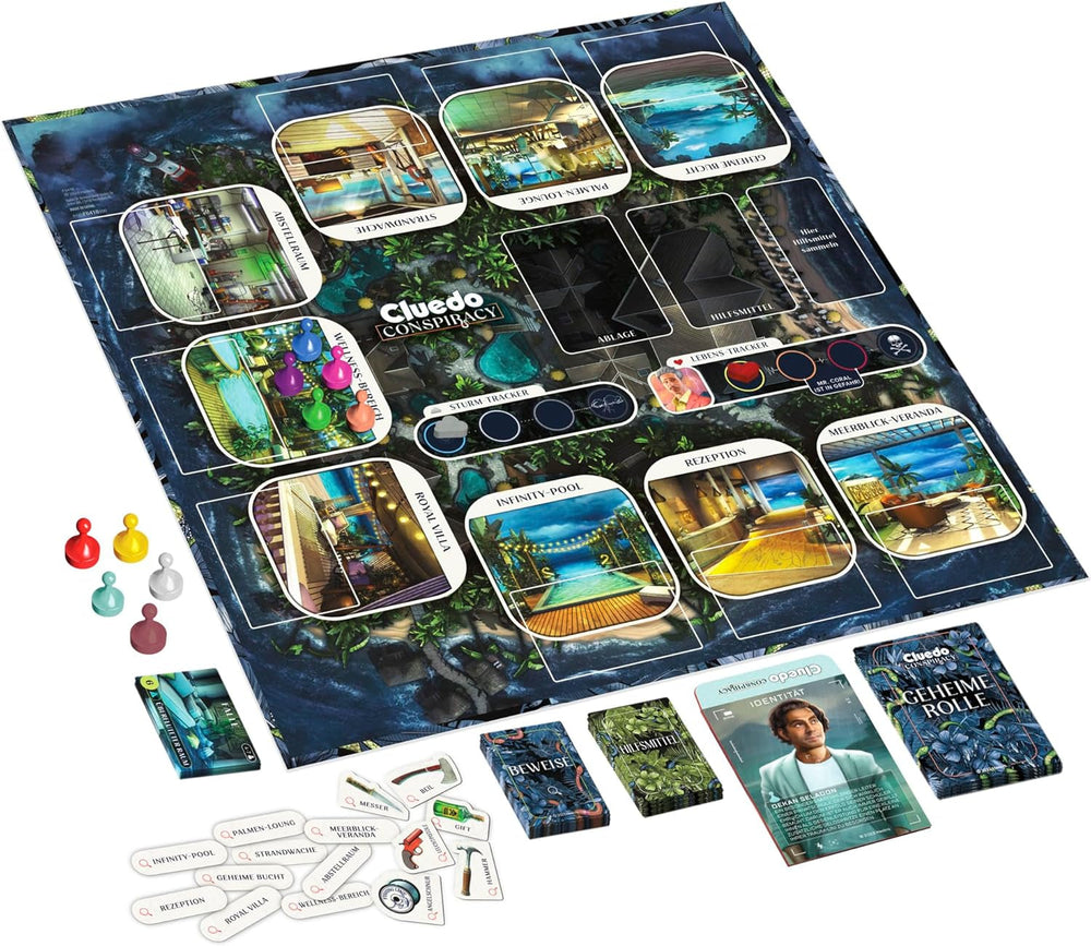 Joc de societate Cluedo Conspiracy de la Hasbro Gaming pentru adulți și adolescenți, versiunea germană a jocului de mister, pentru 4-10 jucători și cu vârsta de 14 ani și peste