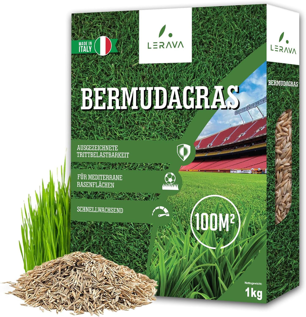 LERAVA Rasensamen Bermudagras (200 G) - Für 20 M² - Extrem Trittfest Und Trockenheitsresistent - Schnellwachsender Rasen Für Mediterrane Und Küstennahe Flächen - Spart Bis Zu 20% Wassera