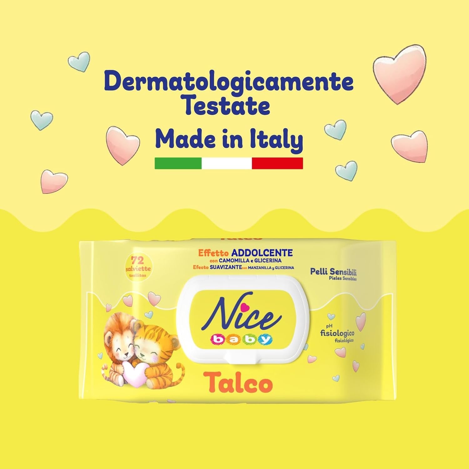 Șervețele umede NICE pentru bebeluși, 72 bucăți, cu capac, parfum de talc, materiale naturale, curățare delicată, bebeluși, 1 buc.