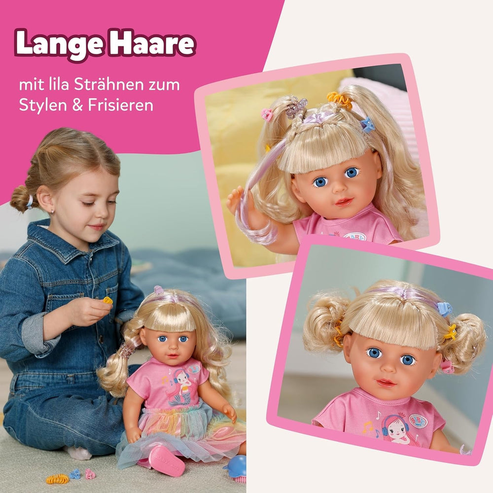 BABY born Carla - păpușă de 43 cm - păr blond de înaltă calitate cu șuvițe - nu necesită baterii - potrivită pentru copii de la 4 ani în sus - include 7 accesorii, roz