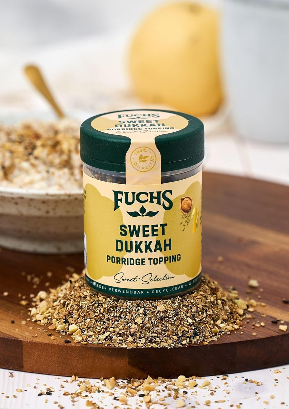 Fuchs Gewürze - Porridge Topping "Sweet Dukkah" - crunchy Topping mit Haselnuss, Sesam und Mandeln für Oat-Meals - aus natürlichen Zutaten - 60 g in wiederverwendbarer, recyclebarer Dose