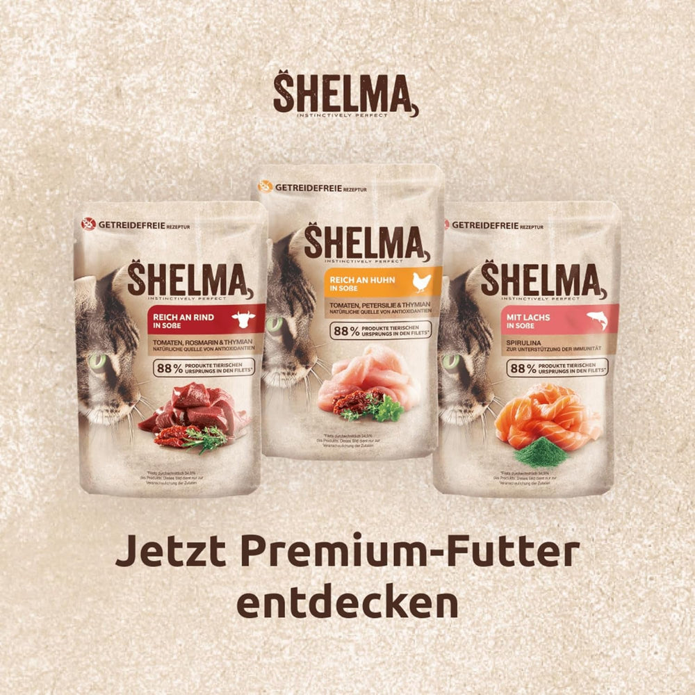 Hrană umedă pentru pisici Shelma cu pui în sos cu roșii și ierburi – Hrană completă fără cereale cu conținut ridicat de carne – 28 x 85 g (2,38 kg)