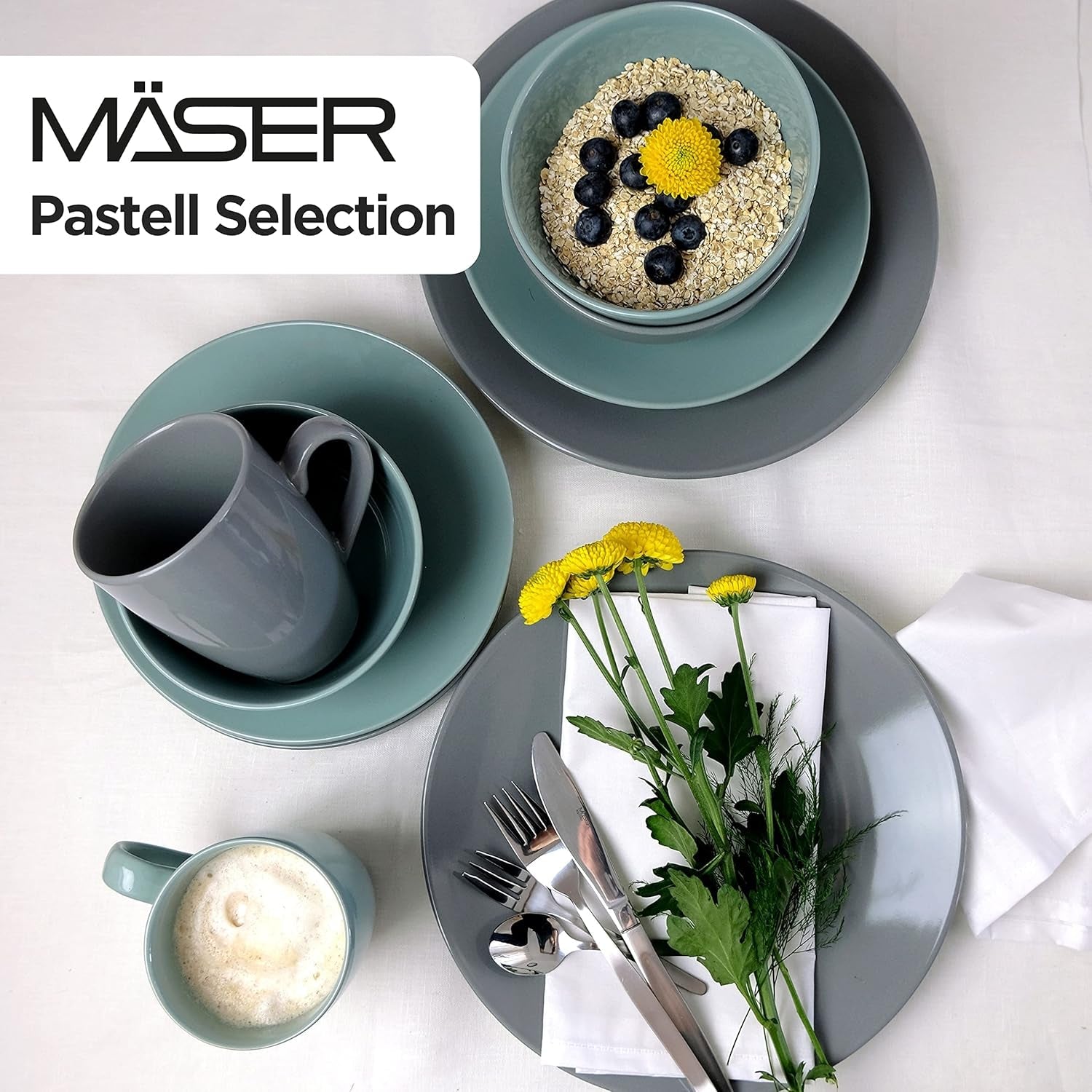 MÄSER Pastell Selection, Modernes Geschirr Set für 4 Personen, 16-teiliges Kombiservice aus Keramik, Steinzeug, Türkis-Grün