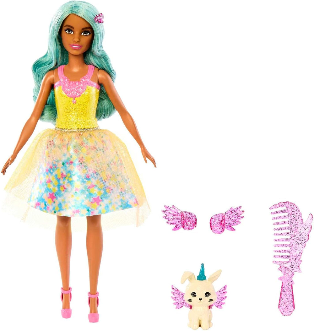 Păpușă Barbie Hidden Magic - Teresa cu ținută de basm, păr ondulat și pieptene pentru distracție în coafare, pentru copii cu vârsta de 3 ani și peste, HLC36