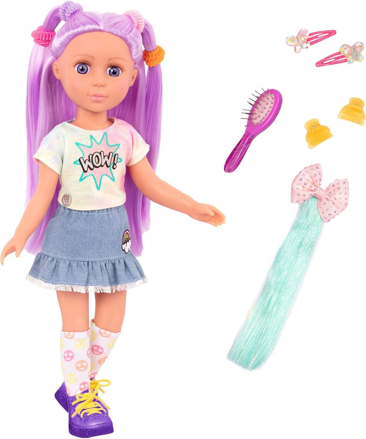 Glitter Girls - Luma - Păpușă articulată de 36 cm - Păr mov și ochi mov unici - Extensii de păr, fundă, cleme și ținută colorată - 3 ani +