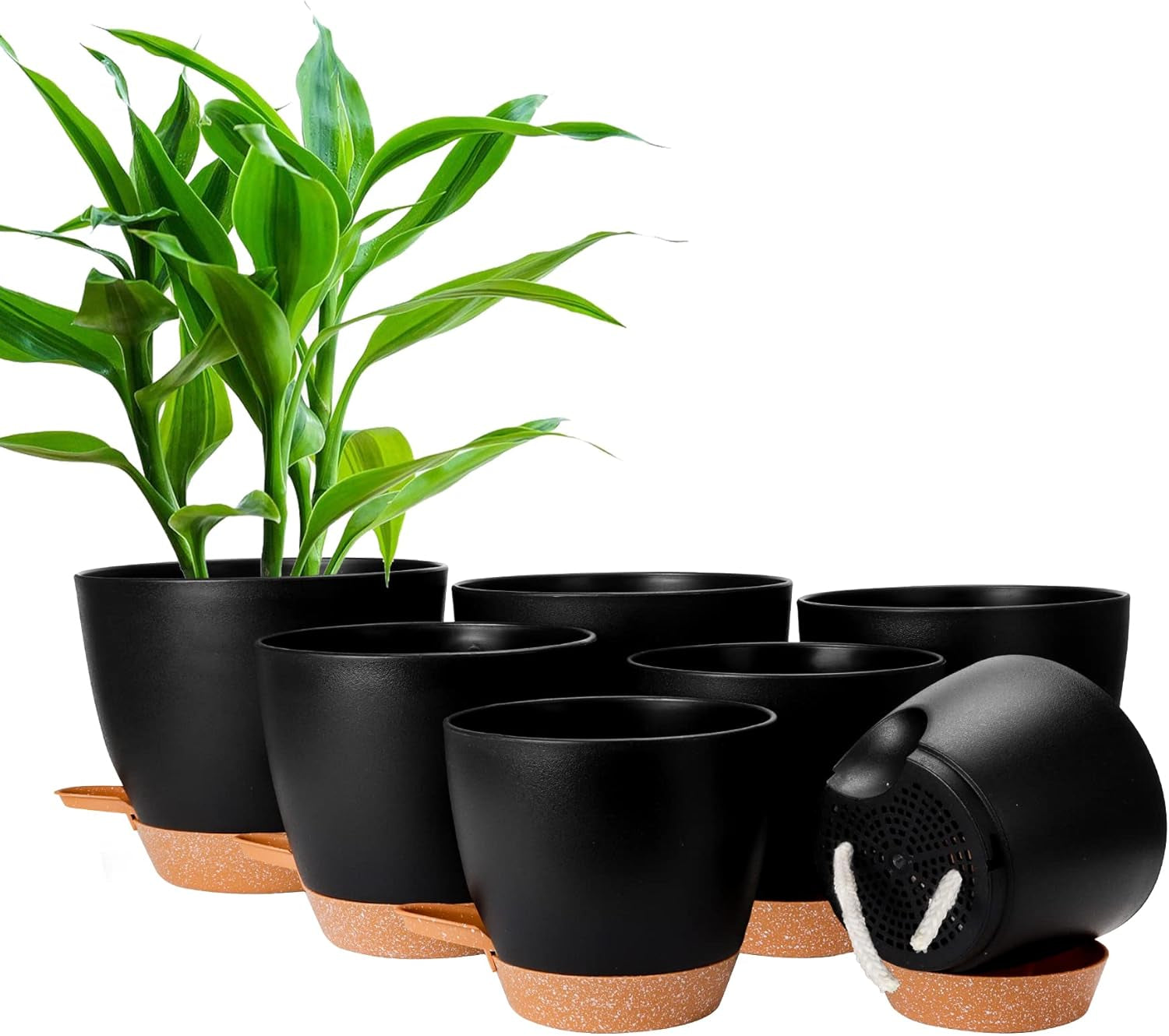 Ghiveci de flori CSYY, set de 7 ghivece de flori din plastic cu sistem de udare, 20,3/19/17,7/16,5/15,2/14/12,7 cm, ghiveci cu auto-udare și farfurie, pentru interior și exterior