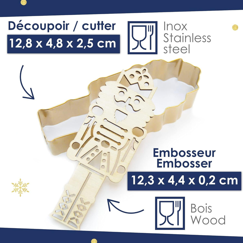 ScrapCooking - Set Forme de Biscuiți + Mașină de Gofrare Spargător de Nuci din Lemn – Formă de Biscuiți de Crăciun din Oțel Inoxidabil pentru Biscuiți în Relief – Accesoriu Formă de Coacere Sablată – Culoare Aurie – 2097