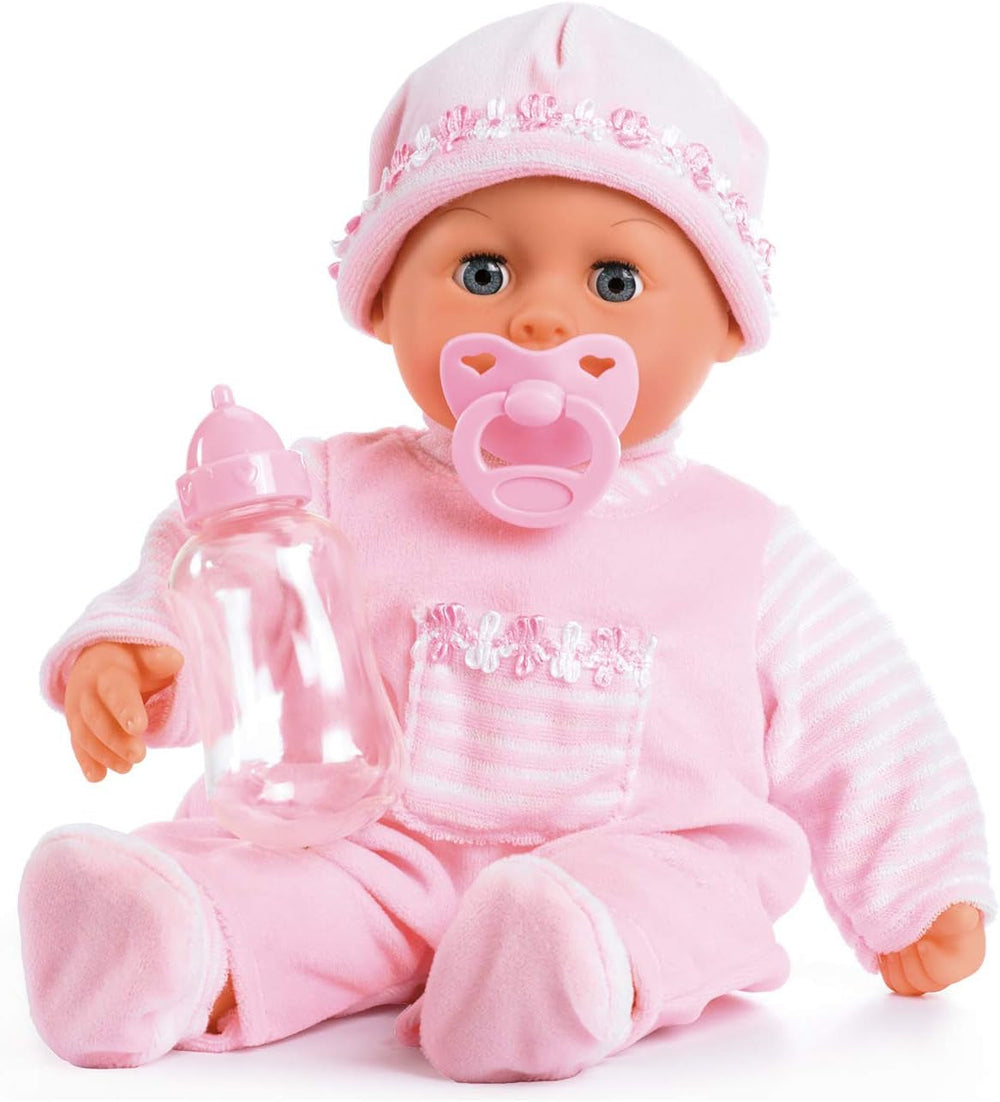 Bayer Design 93800-pink 93825AA Babypuppe First Words, Schlafaugen, spricht 24 Babylaute, weicher Körper, mit Schnuller und Flasche, 38 cm, pink